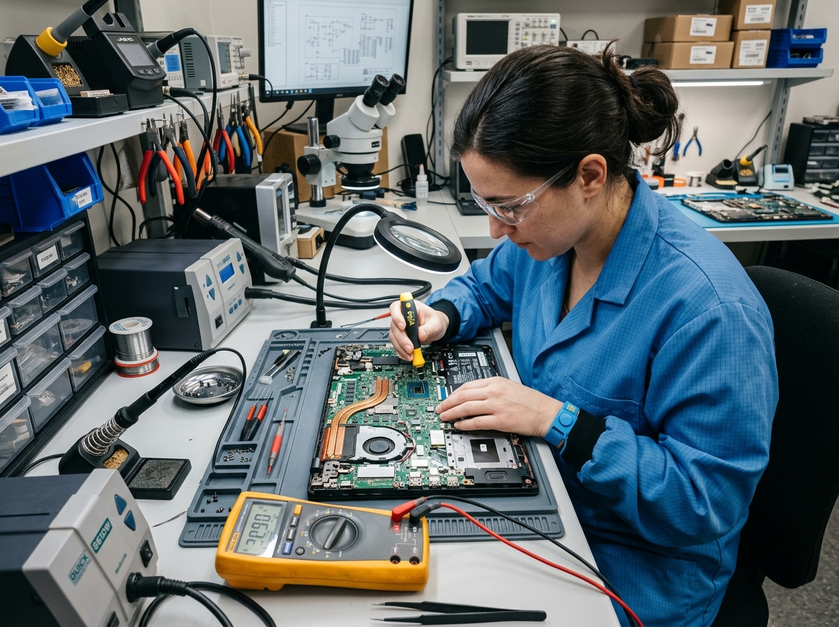 Real life laptop motherboard repair technician on workbench with multimeter