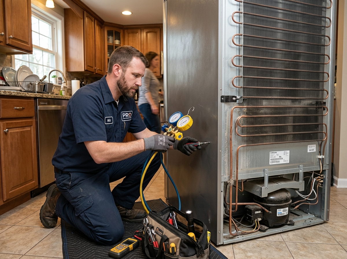 Real life technician servicing refrigerator compressor and copper coils with gauges
