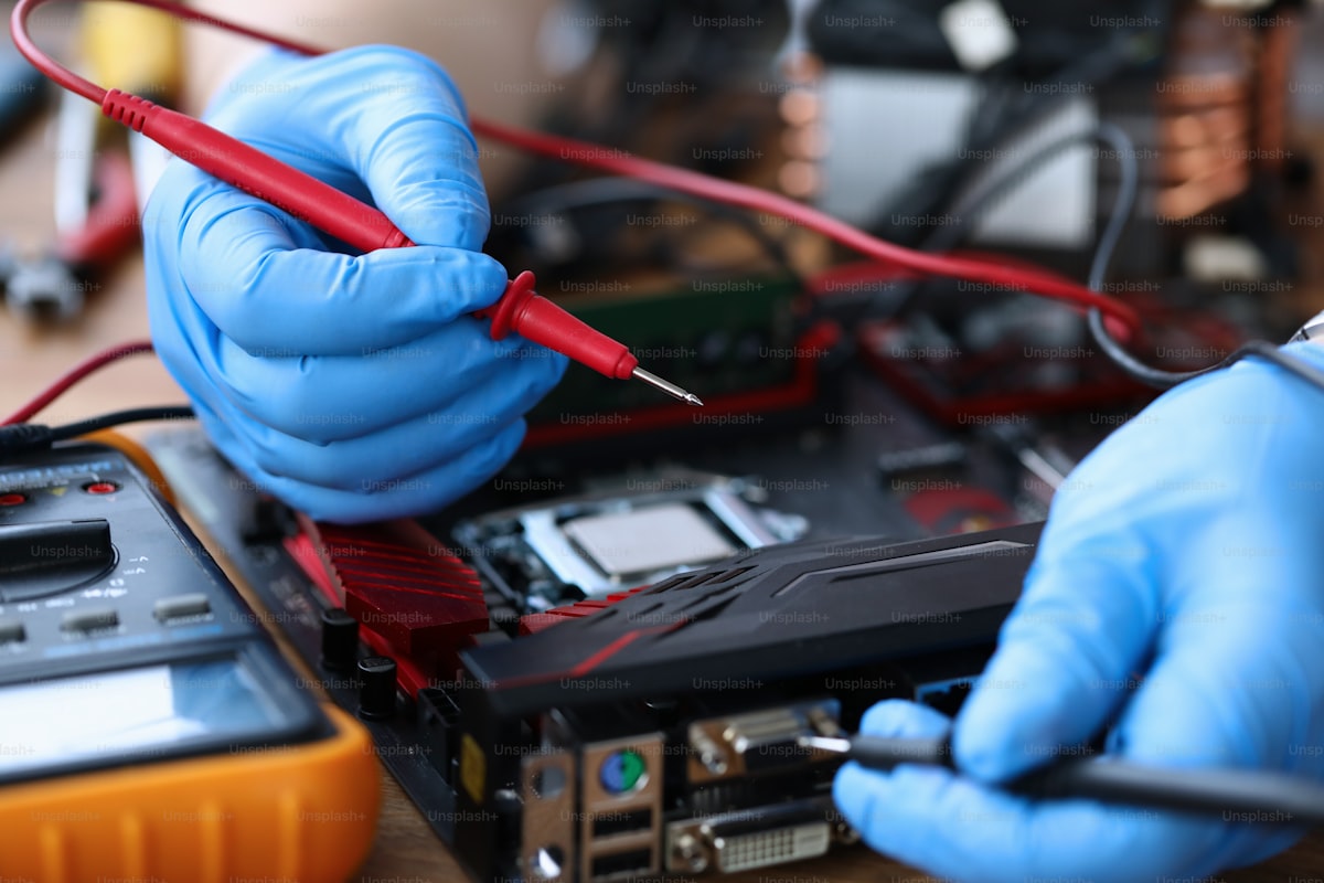 Real life electronics technician testing circuit board and display ports with multimeter probes