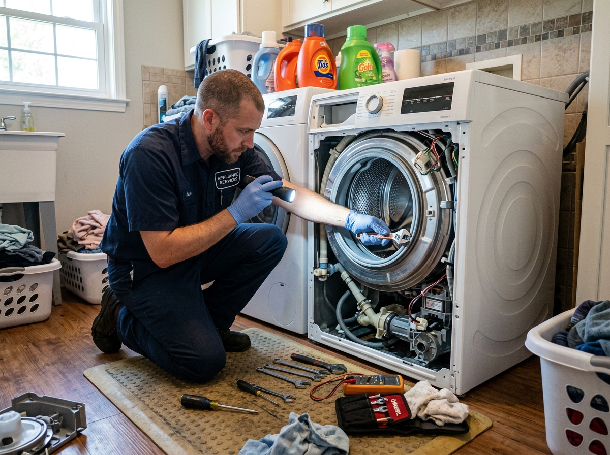 Real life appliance technician servicing washing machine drum and plumbing